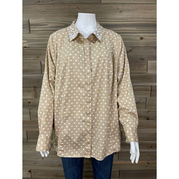 Lane Bryant Button Up Dress Shirt 22 Tan Polka Dot Long Sleeve Beaded Collar - Picture 1 of 7